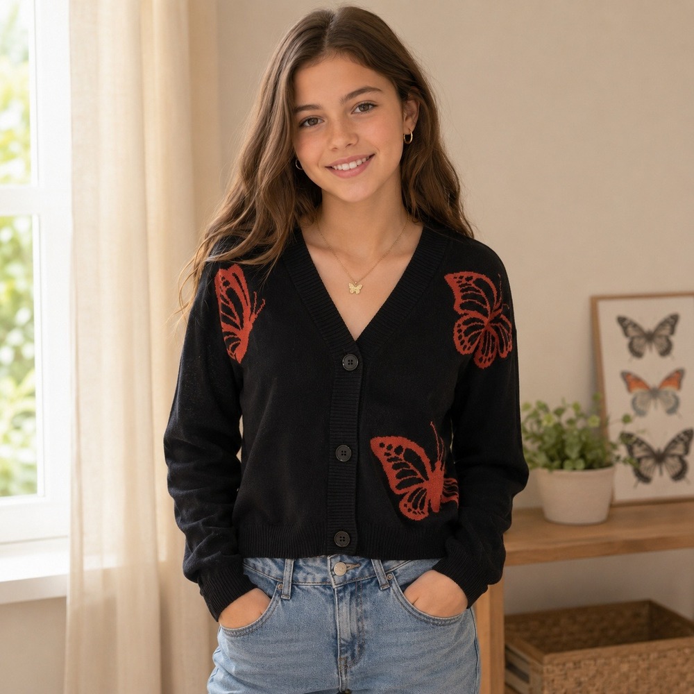 Nikka K XS‎ Black Orange Butterfly Button Cardigan Sweater